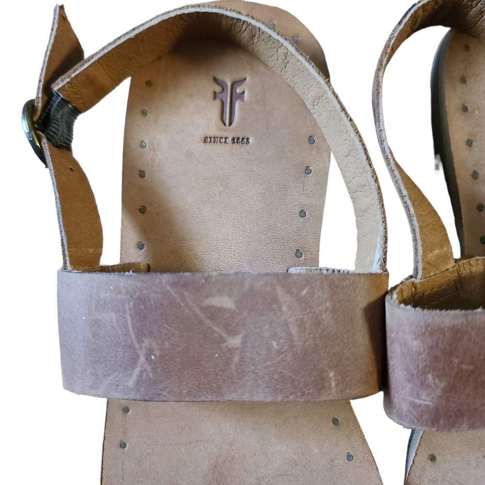 FRYE 'Ally 2' Womens Tan Leather Ankle Strap Adjustable Flat Sandals